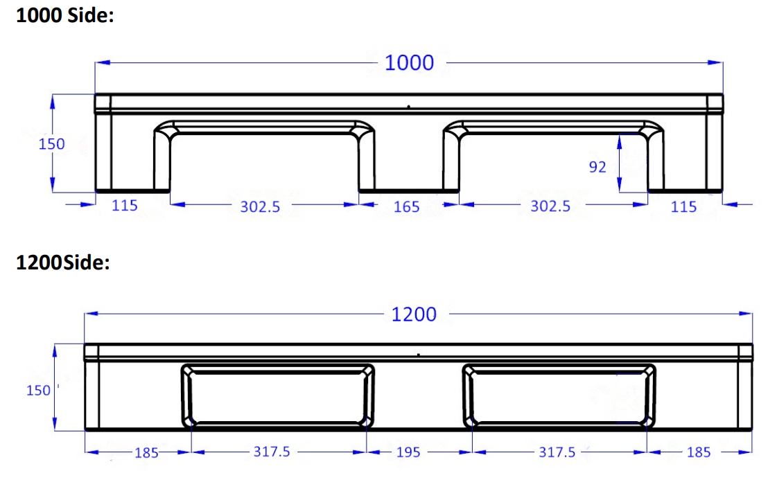 1200 x 1000 grüne, regalfähige HDPE-Kunststoffpaletten mit 3 Kufen