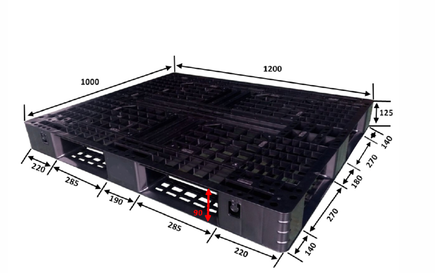 1200 x 1000 schwarze, leichte, flache Paletten aus recyceltem Kunststoff