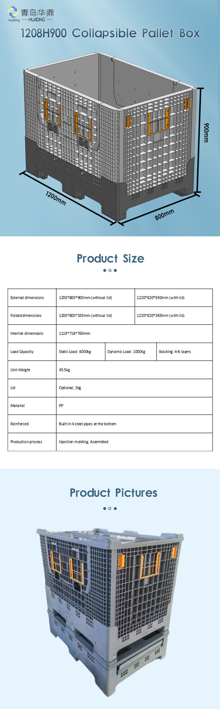 1200x800x900 Euro solide stapelbare faltbare Kunststoffpalettenbox