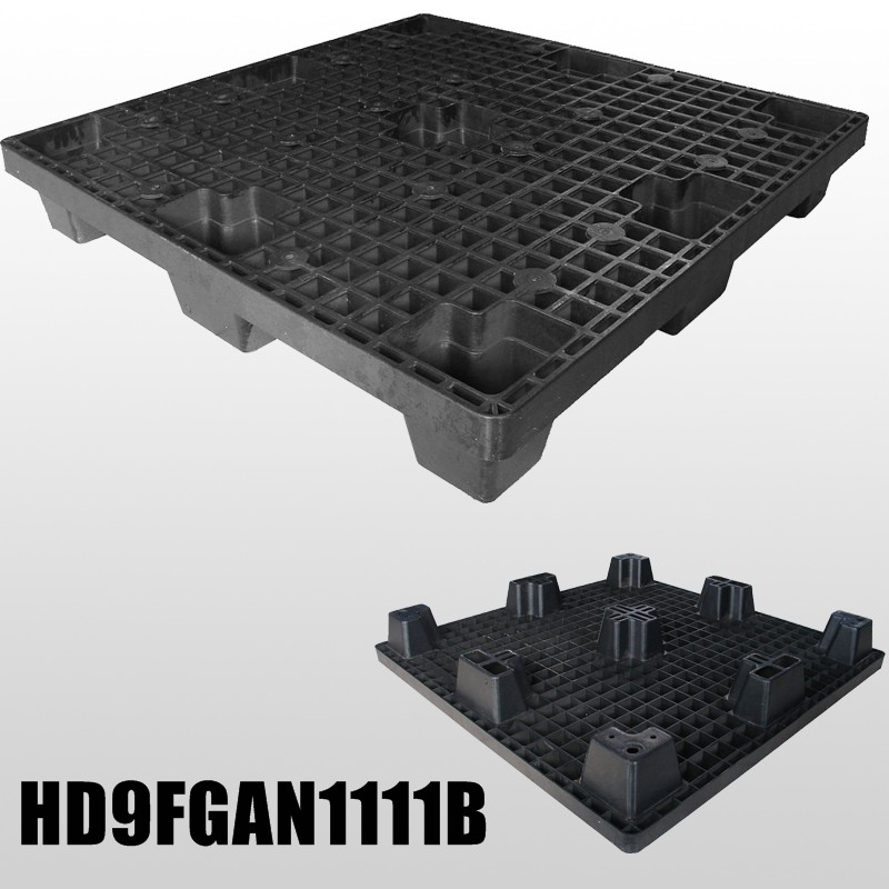 1100 x 1100 mittelschwere, schwarze, schachtelbare Kunststoffpaletten mit offenem Deck