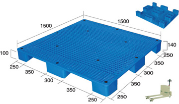 Quadratische 4-Wege-Bodenpaletten aus recyceltem Kunststoff mit blauem Netzgewebe