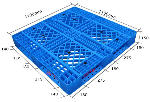 1100 x 1100 4-Wege-Lagergitter-Kunststoffpalette mit Stahlverstärkung