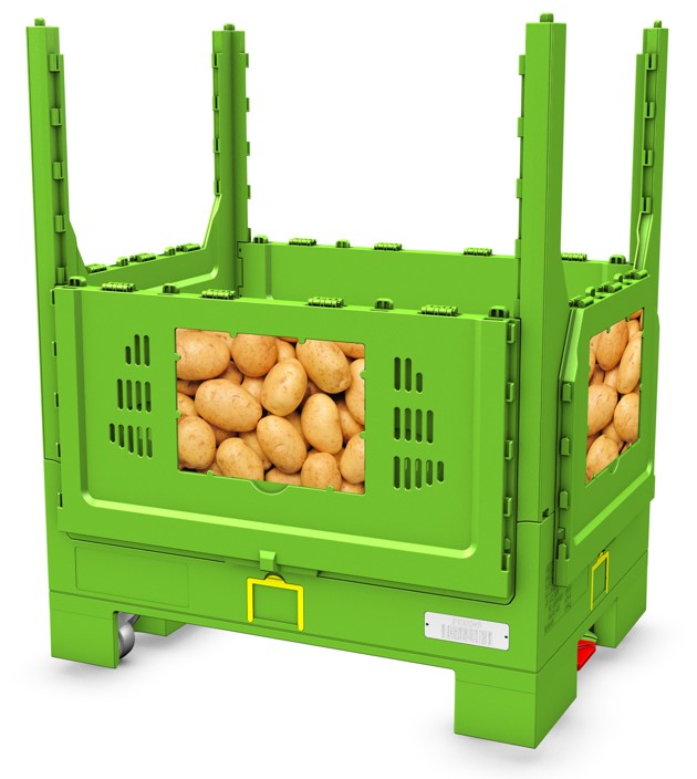 Zusammenklappbare Palettenbox aus Kunststoff mit Gitter und Rädern