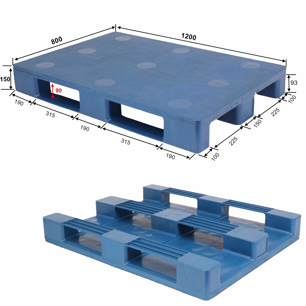 1200 x 800 langlebige, robuste Kunststoffpaletten mit drei Kufen und geschlossenem Deck