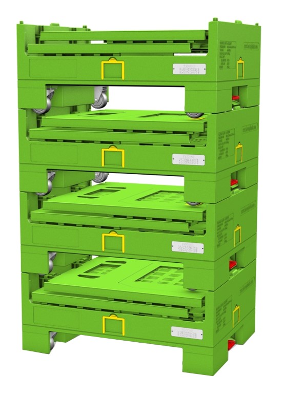 Zusammenklappbare Palettenbox aus Kunststoff mit Gitter und Rädern