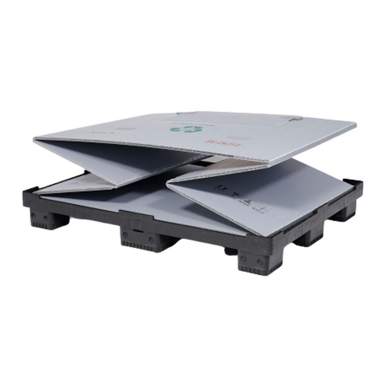 Zusammenklappbarer Sleeve-Pack-Beh&auml;lter mit spritzgegossenen Kunststoffpaletten