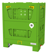 Zusammenklappbare Palettenbox aus Kunststoff mit Gitter und R&auml;dern