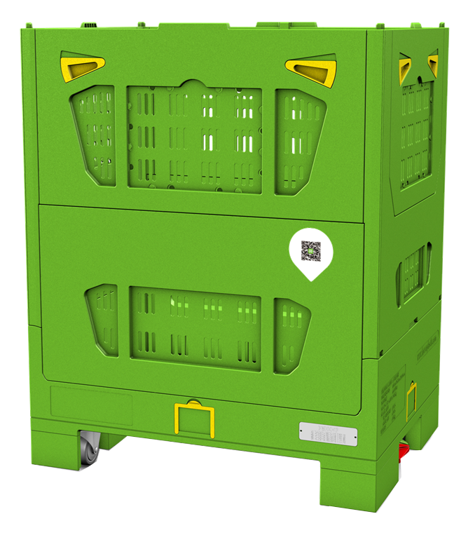 Zusammenklappbare Palettenbox aus Kunststoff mit Gitter und Rädern